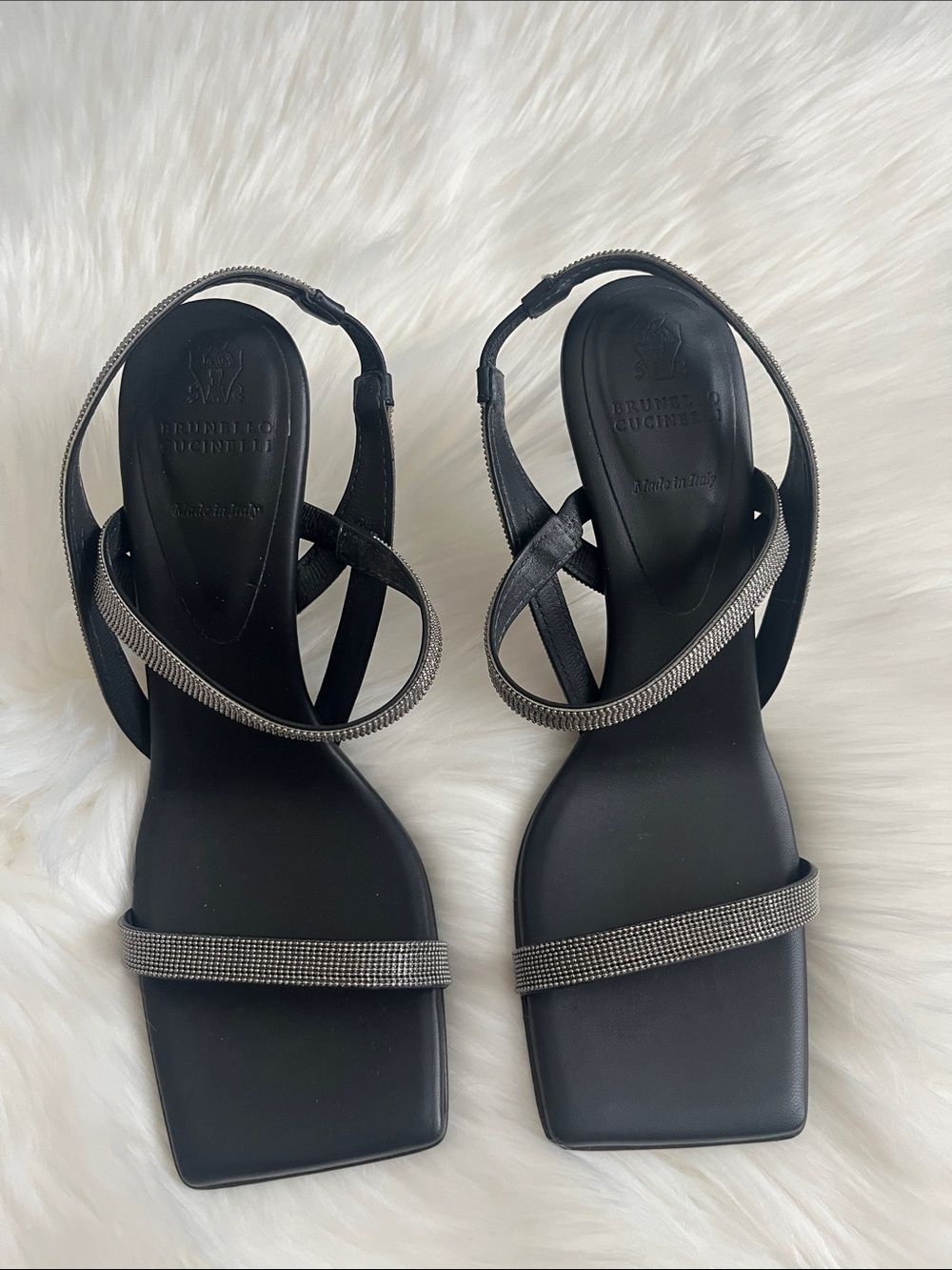 Brunello Cucinelli Black Rhinestone-Trim Slingback Sandals